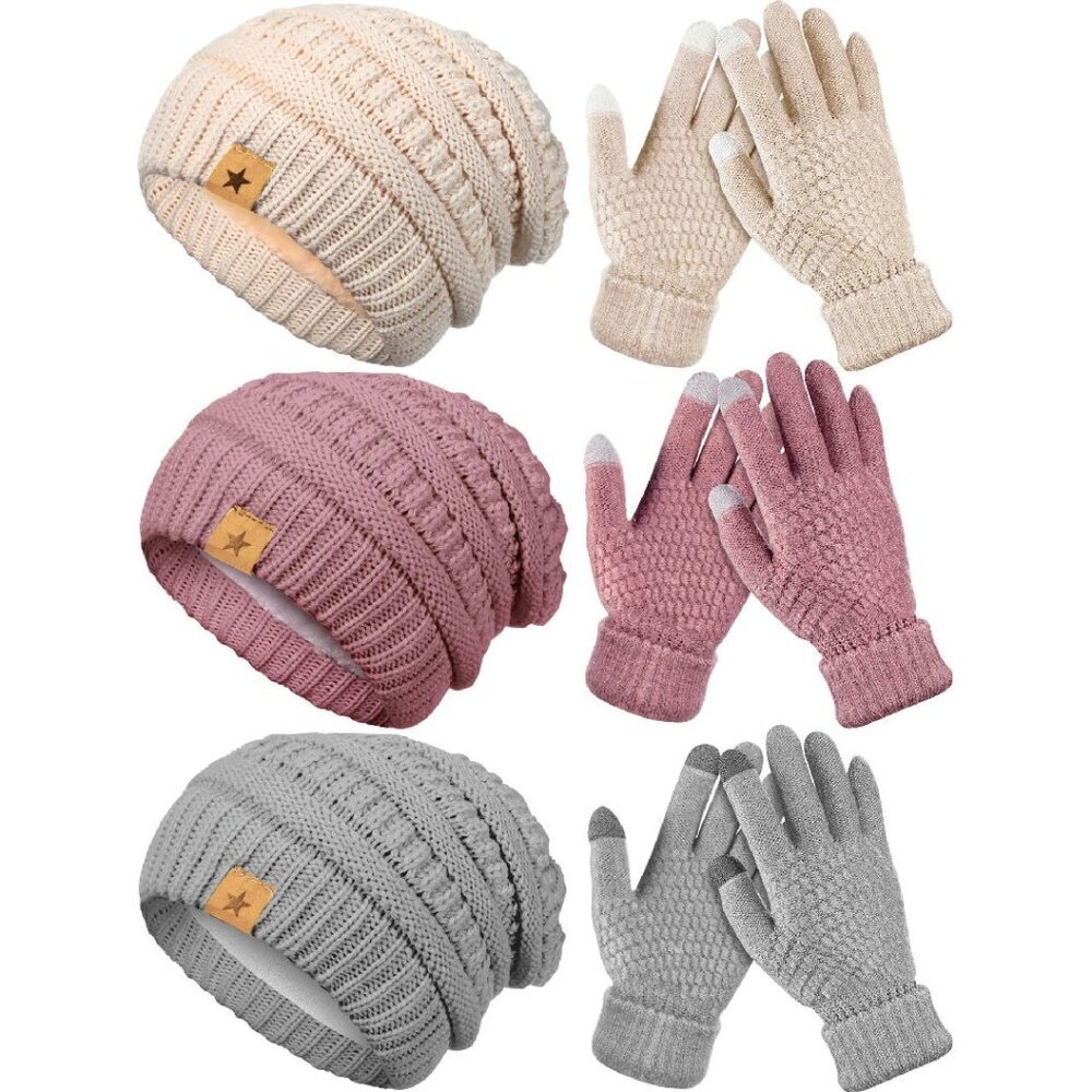 Winter Beanie Hat Gloves Set Warm Knitted Touchscreen Gloves Women
